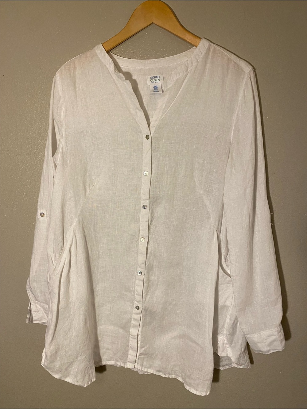 Sigrid Olsen 100% Linen White Button Down Roll Tab Sleeve Blouse Medium coastal